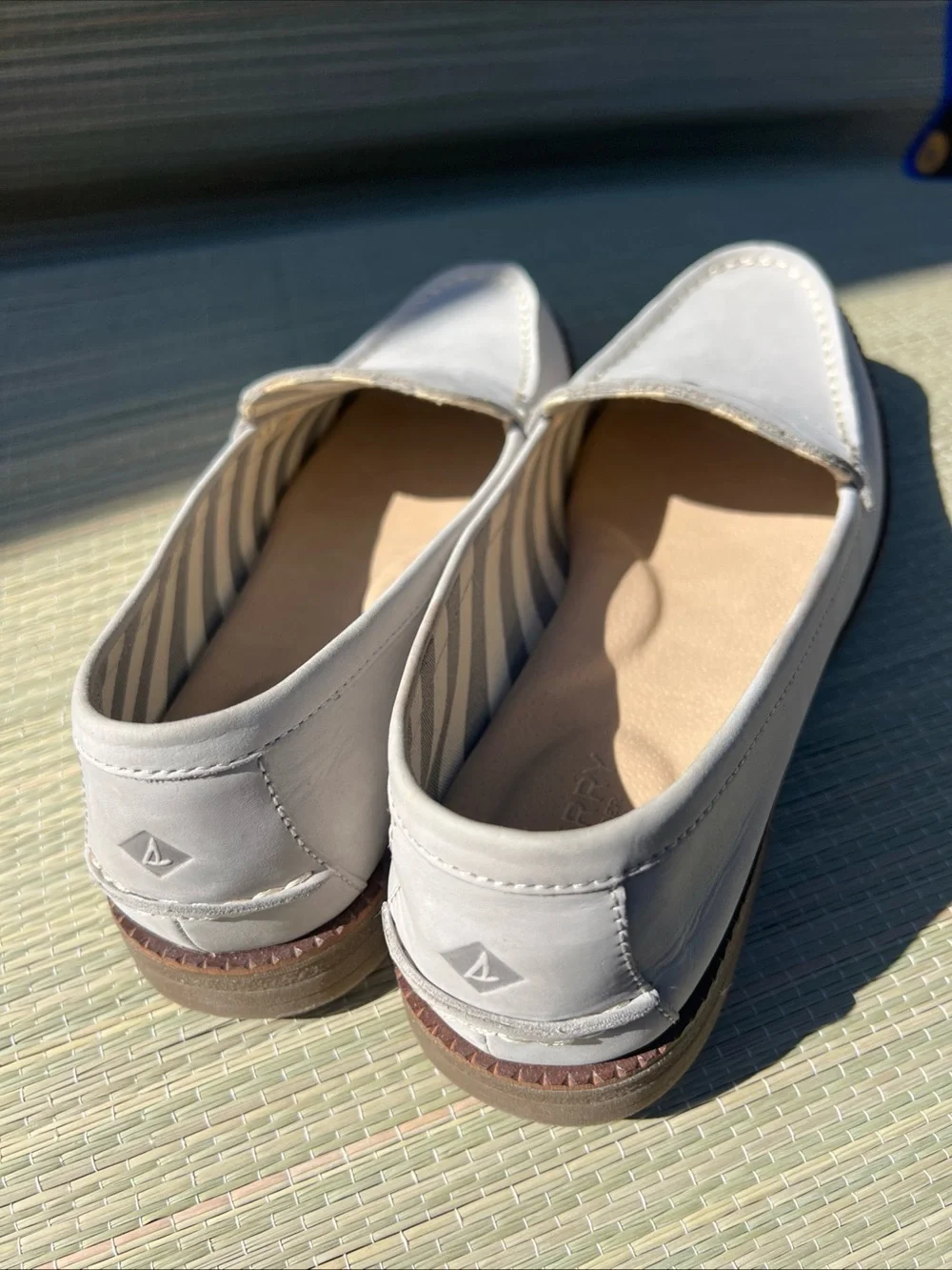 Sperry Light Gray Suede Penny Loafers with Brown Sole